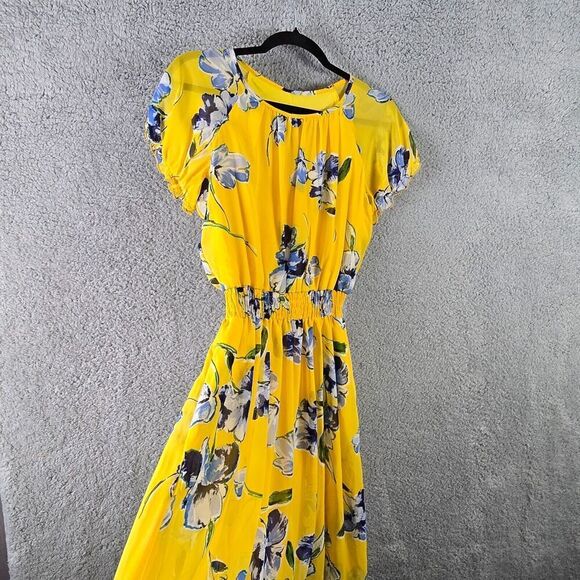 Womens Floral Asymmetrical Chiffon Dress 8 Butter Yellow Country Boho Bloomcore - Picture 3 of 9